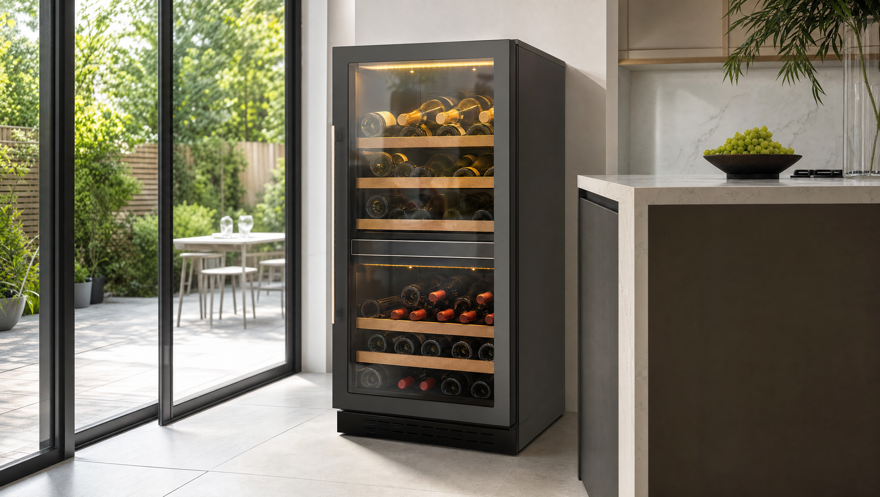 Premium wijnkoelkast met twee temperatuurzones in een lichte zomerse keuken