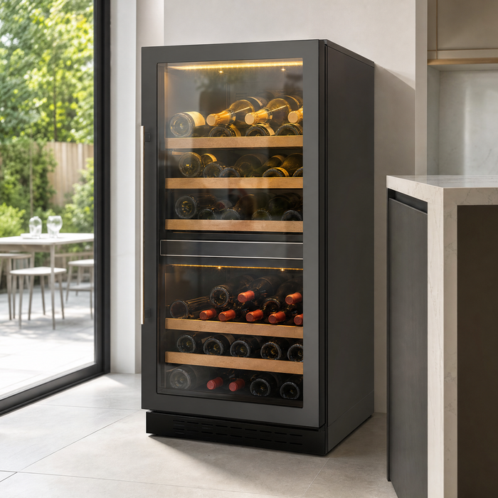 Premium wijnkoelkast met twee temperatuurzones in een lichte zomerse keuken