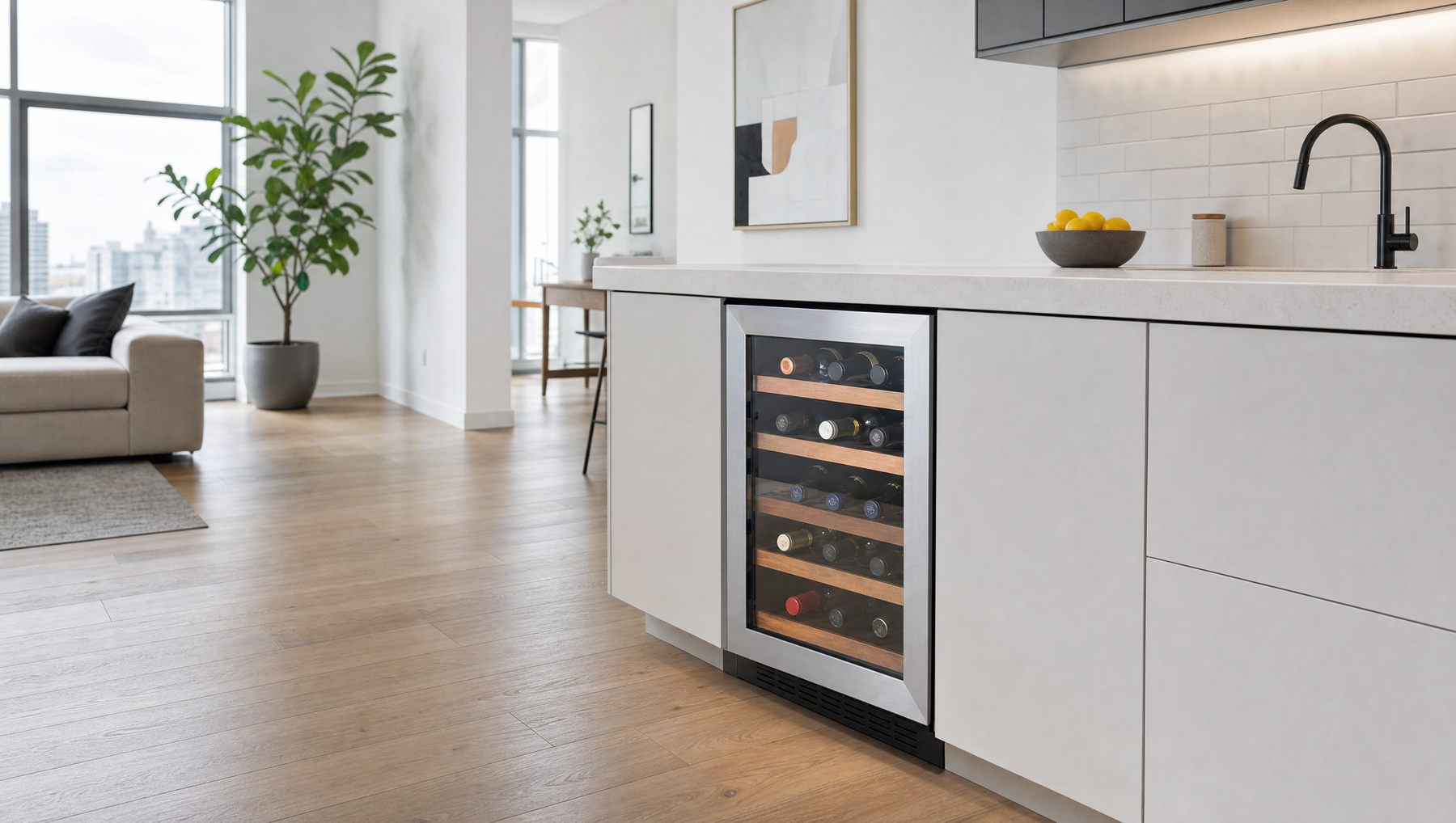 Compacte wijnkoelkast in een modern appartement