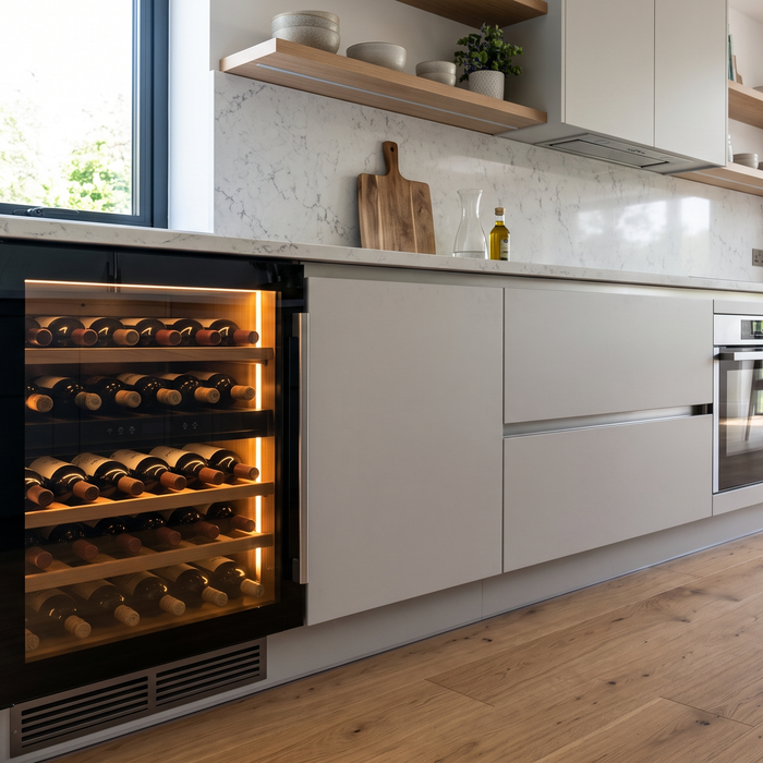 Onderbouw wijnkoelkast ingebouwd onder het werkblad in een nieuwe greeploze keuken, met ventilatierooster in de plint