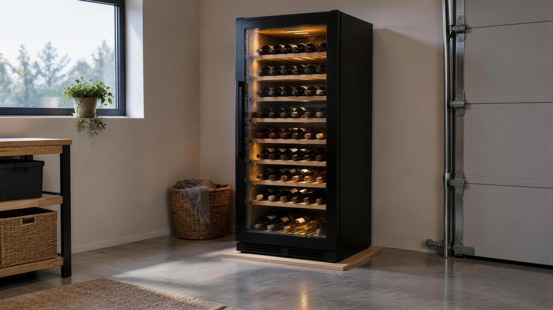 Zwarte vrijstaande wijnkoelkast met verlichte glasdeur op een houten onderlegger in een bijkeuken naast een garagedeur