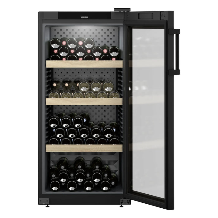 Liebherr GrandCru WPbl 4201 vrijstaande wijnkoelkast, vooraanzicht met open deur en flessen