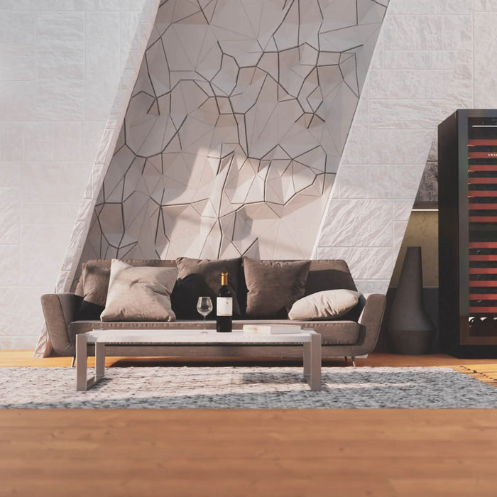 Swisscave Luxury WLB-460DFL-MIX vrijstaande wijnkoelkast, sfeerfoto in een lichte woonkamer
