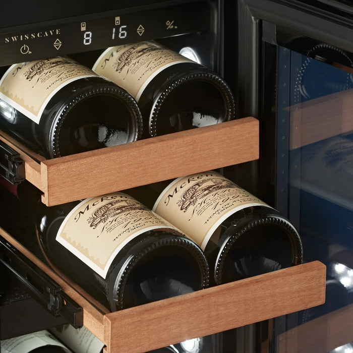 Swisscave Luxury WUB-30DFT onderbouw wijnkoelkast, legger met Bourgogneflessen bij wit licht