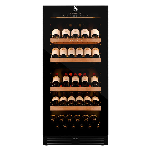 Swisscave Premium WLB-360DFD-MIX vrijstaande wijnkoelkast, vooraanzicht met presentatieleggers